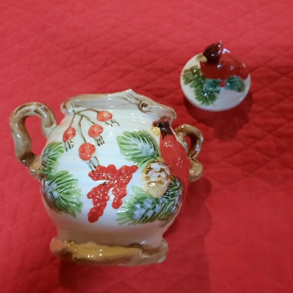 Cardinal & Holly Ceramic Creamer & Sugar SET (VINTAGE) - Picture 3 of 5
